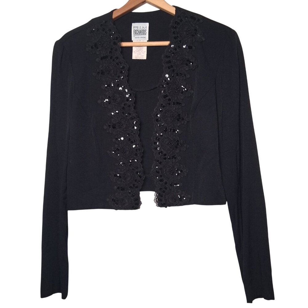 Vintage 1990s R&M Richards Bolero Shirt Size 10 Black Cropped Lace Sequins Beads